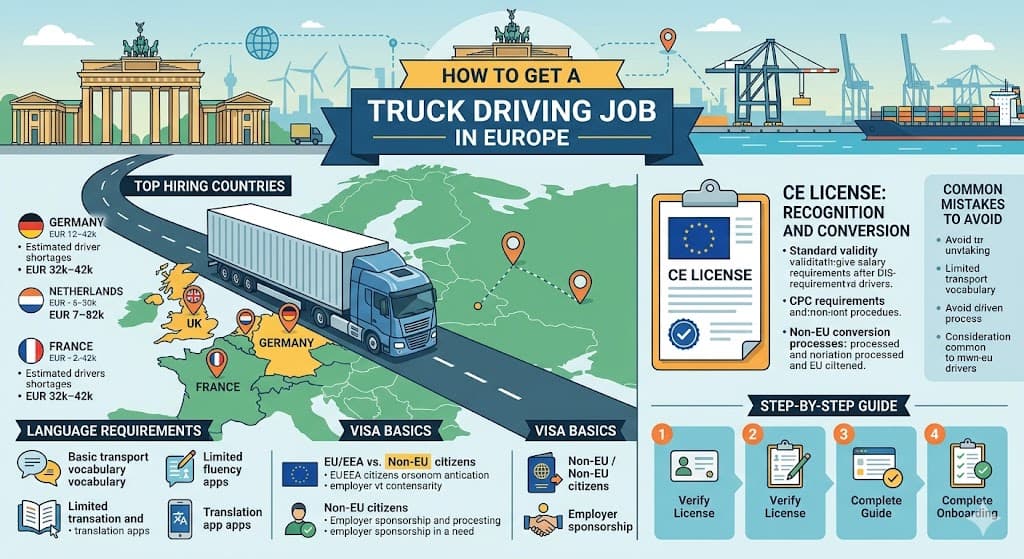 Infographic for foreign truck drivers in Europe showing top hiring countries, CE license recognition, and visa requirements for non-EU citizens.